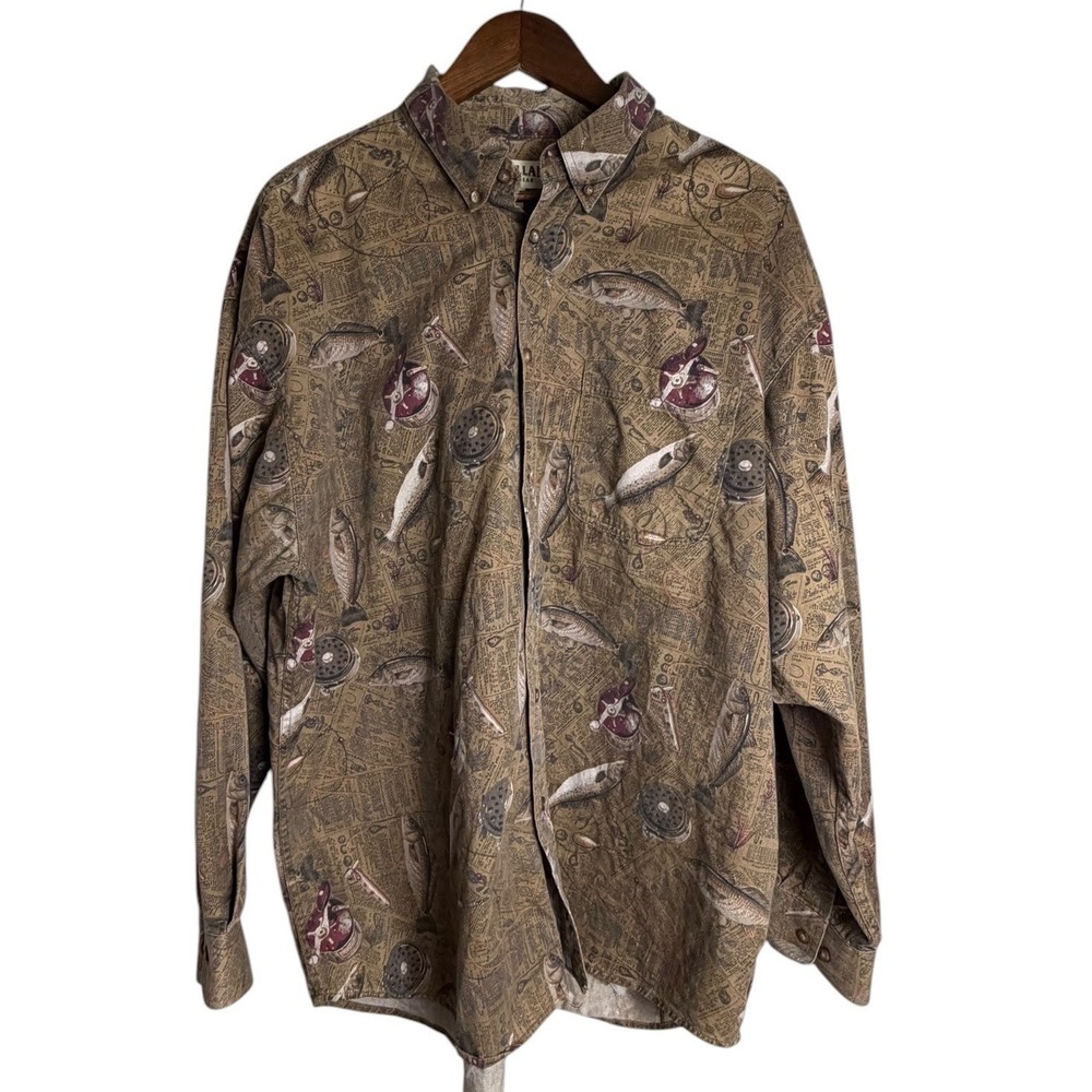 Magellan Sportswear Button Up Shirt Mens XL Tan Excellent Fishing Pattern